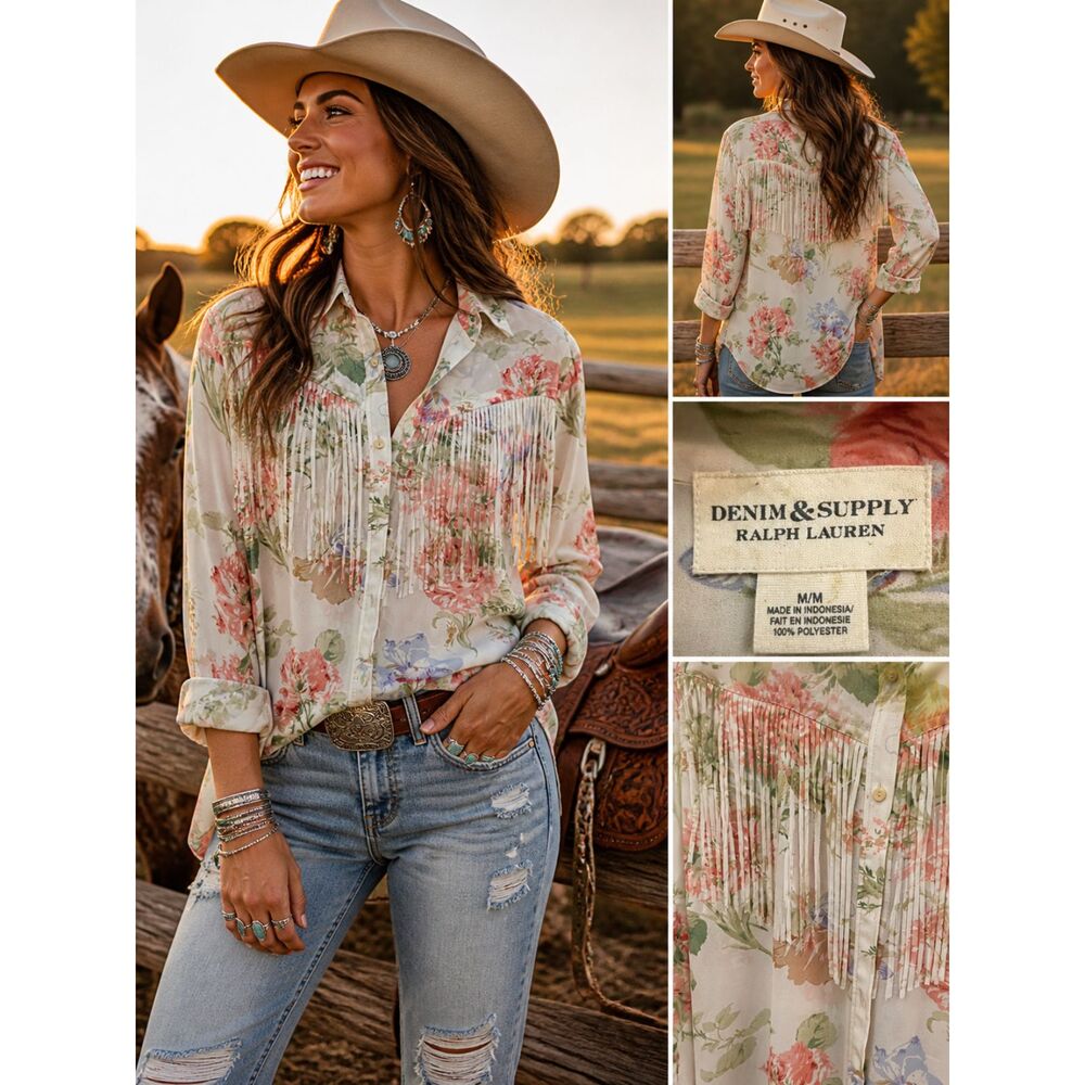 Vintage Floral Fringe Blouse Western Boho Romantic soft Button Up M